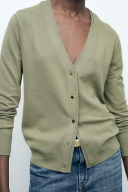 ZARA БАЗОВЫЙ ОДНОТОННЫЙ КАРДИГАН, СВЕТЛЫЙ ХАКИ