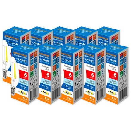 LED-C35-6W-4000K-E14-CL-DIM-SLF Набор из 10штук Лампа светодиодная. диммируемая. Форма свеча. прозрачная. Серия Optima DIM Филамент. Белый свет 4000K. ТМ Volpe
