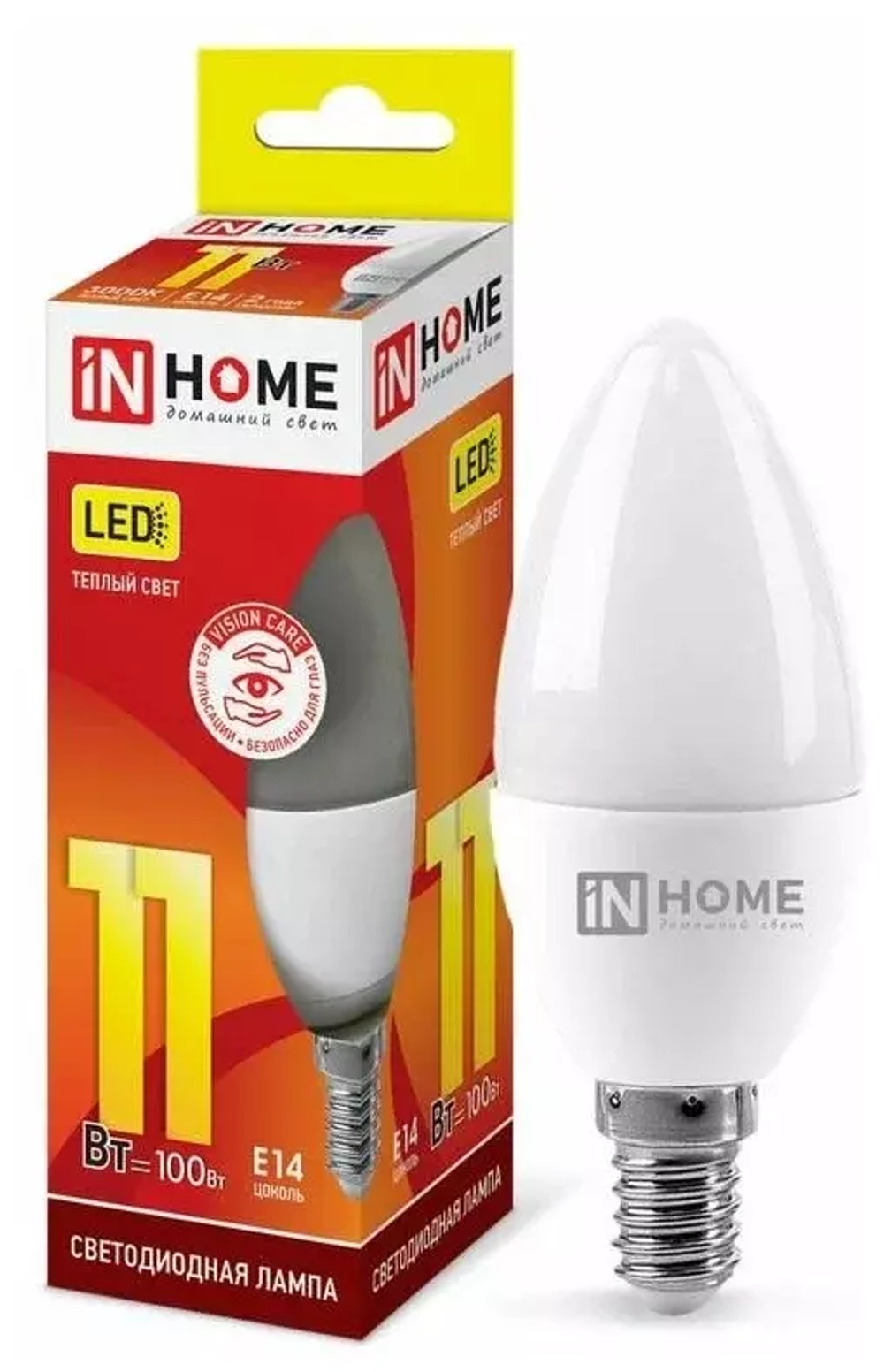 Лампа светодиод. IN HOME LED-СВЕЧА-VC 11Вт E27 3000К 1050Лм