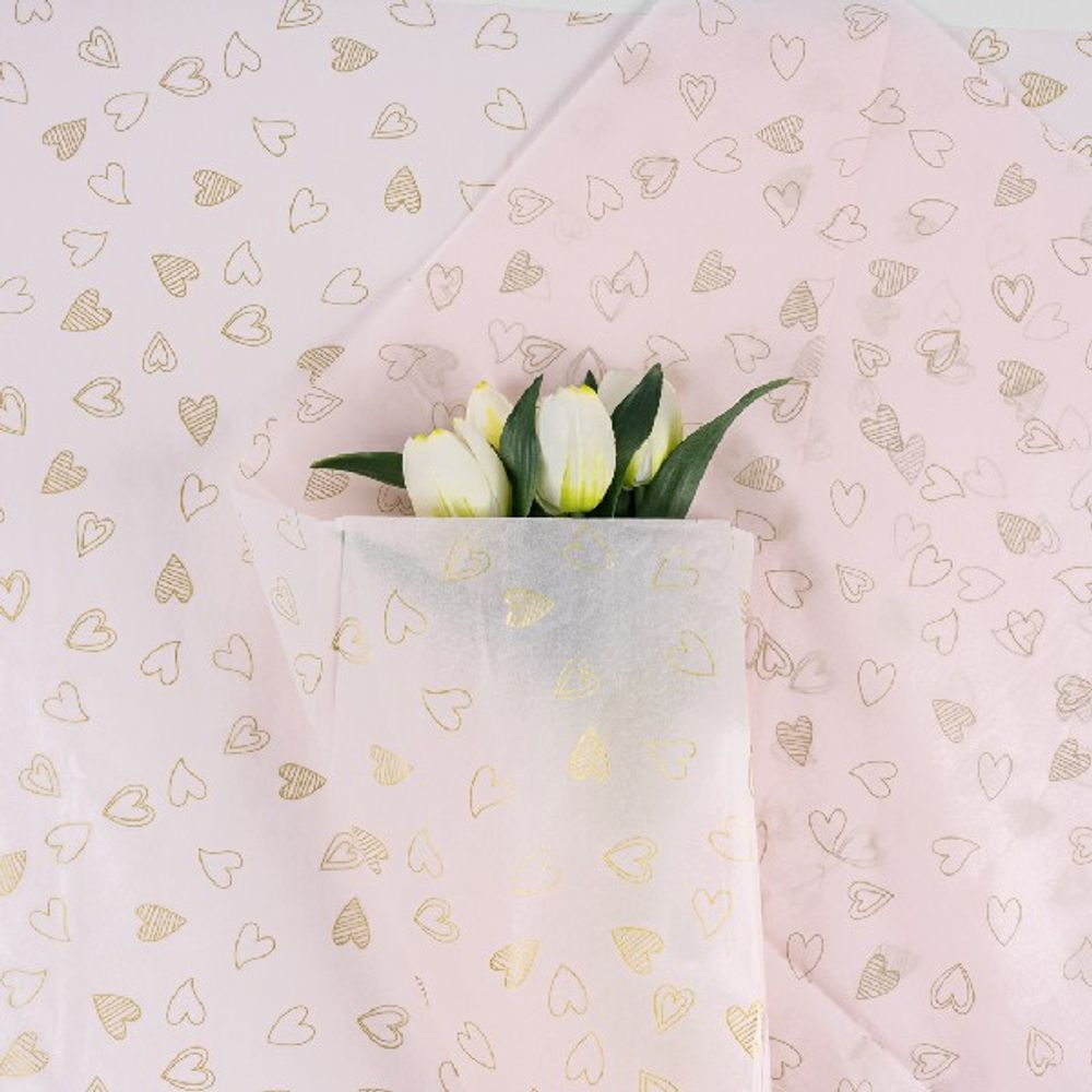 Бумага тишью "Разные сердца" 49*69см Золотые на розовом (20л)