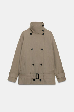 ZARA ЖАКЕТ СВОБОДНОГО КРОЯ С ПОЯСОМ — ZW COLLECTION, СЕРО-КОРИЧНЕВЫЙ