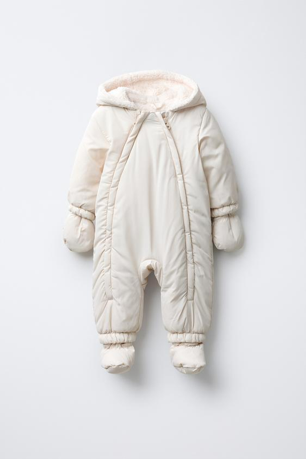 ZARA НЕЙЛОНОВЫЙ КОМБИНЕЗОН СО СЪЕМНЫМИ ВАРЕЖКАМИ И ПИНЕТКАМИ, ЭКРЮ