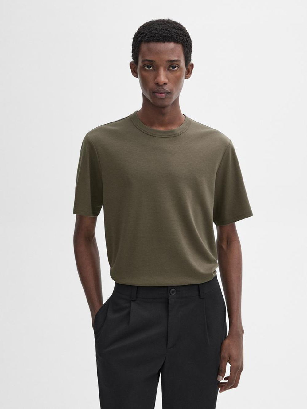 Massimo Dutti Футболка из смесового хлопка, хаки