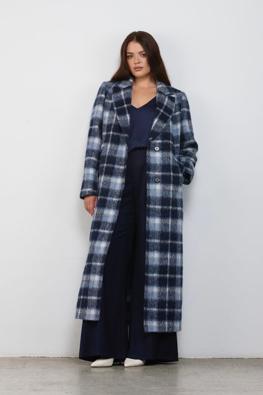 Пальто однобортное в клетку, синий