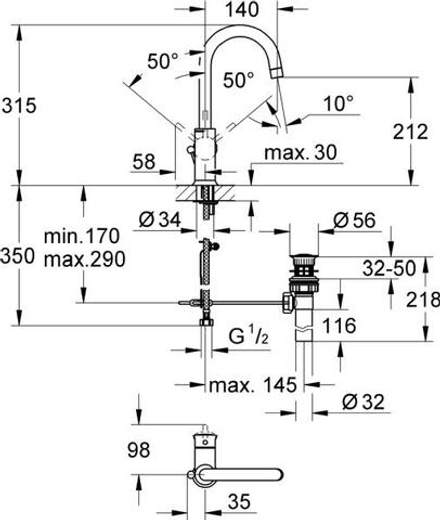 Смеситель высокий для мойки/кухни GROHE Bau Classic, боковой, хром, L-Size 23095000