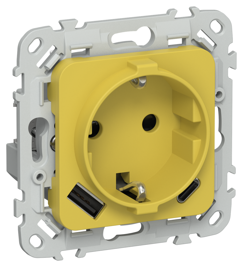 FLITE Розетка 1-местная с заземлением с защитными шторками 16А с USB A+C 20Вт РСЮшс11-0-ФлЖК желтый карри IEK