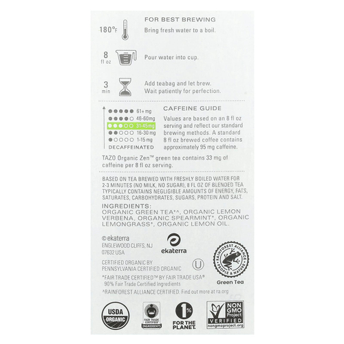 TAZO, Регенеративный зеленый чай, органический дзен, 16 чайных пакетиков, 34 г (1,2 унции)