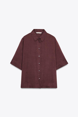 ZARA РУБАШКА ИЗ СМЕСОВОЙ ТКАНИ РАМИ ZW, ВИННЫЙ