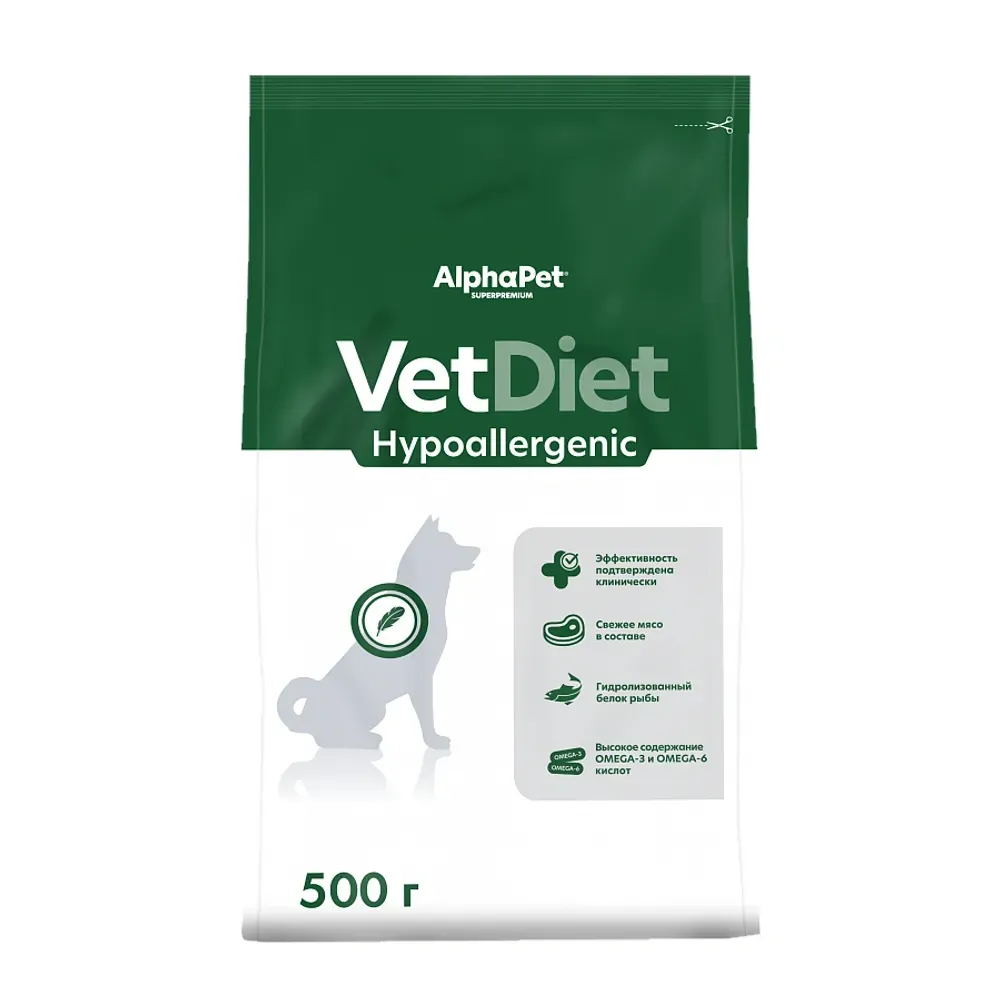 Уценка! Срок 06.08.26/ Сухой диетический корм AlphaPet VetDiet HYPOALERGENIC для взрослых собак всех пород при пищевой аллергии и непереносимости ингредиентов