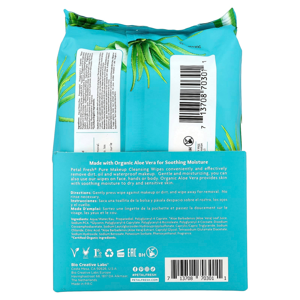 Petal Fresh, очищающие салфетки для снятия макияжа, успокаивающее алоэ вера, 60 салфеток