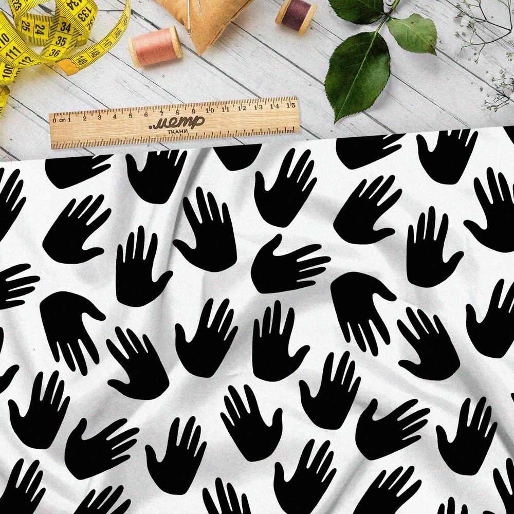 Ткань дюспо чёрные ладони на белом фоне