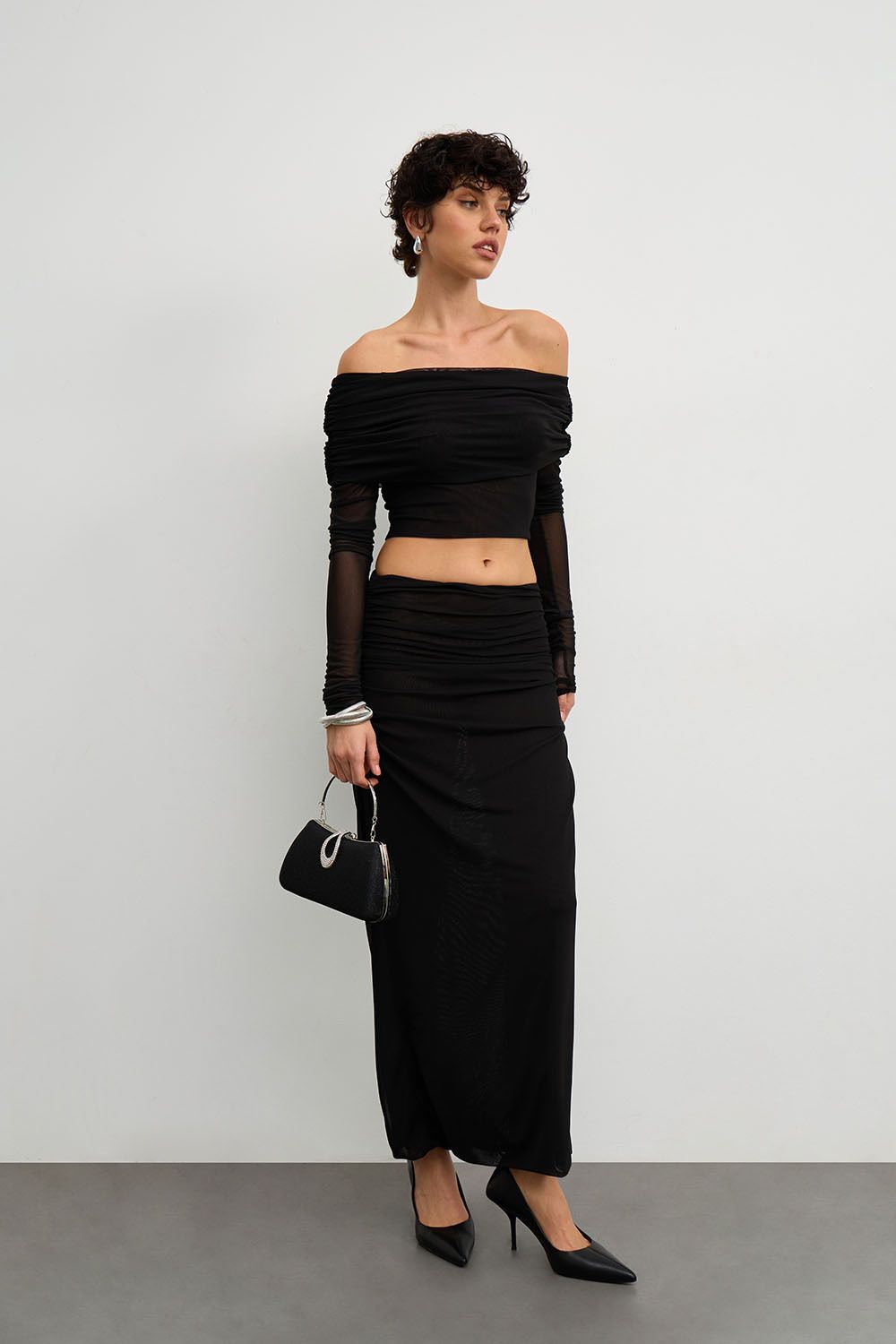 Юбка макси из сетки стрейч черного цвета