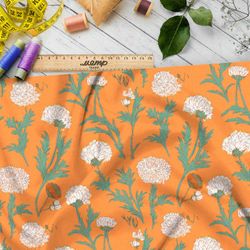 Ткань премиум флис белые цветочки на оранжевом
