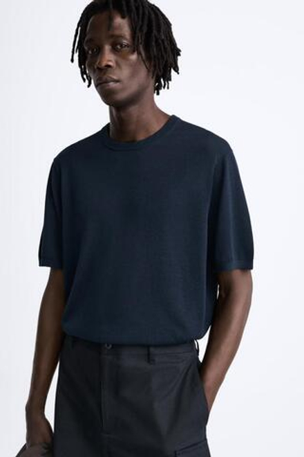 ZARA ТРИКОТАЖНАЯ ФУТБОЛКА ИЗ ХЛОПКА И ШЕЛКА, МОРСКОЙ СИНИЙ