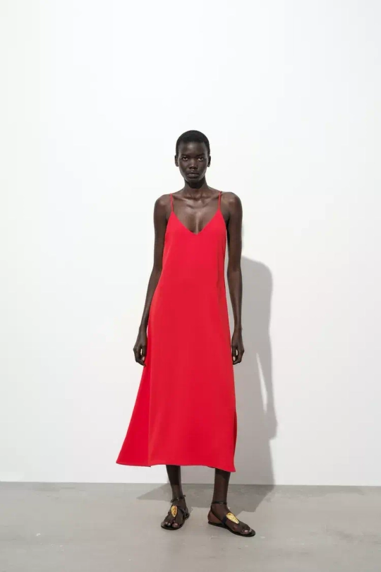 ZARA ПЛАТЬЕ ДЛИННОЕ СТРУЯЩЕГОСЯ ПОКРОЯ, КРАСНЫЙ