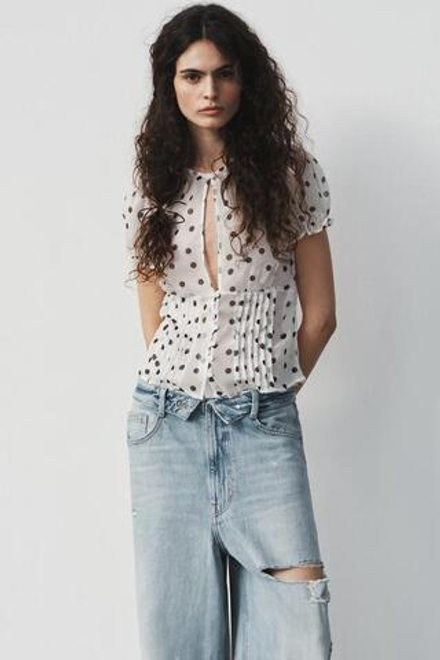 ZARA ДЖИНСЫ TRF СО СРЕДНЕЙ ПОСАДКОЙ И ОТВОРОТОМ НА ПОЯСЕ, ГОЛУБОЙ