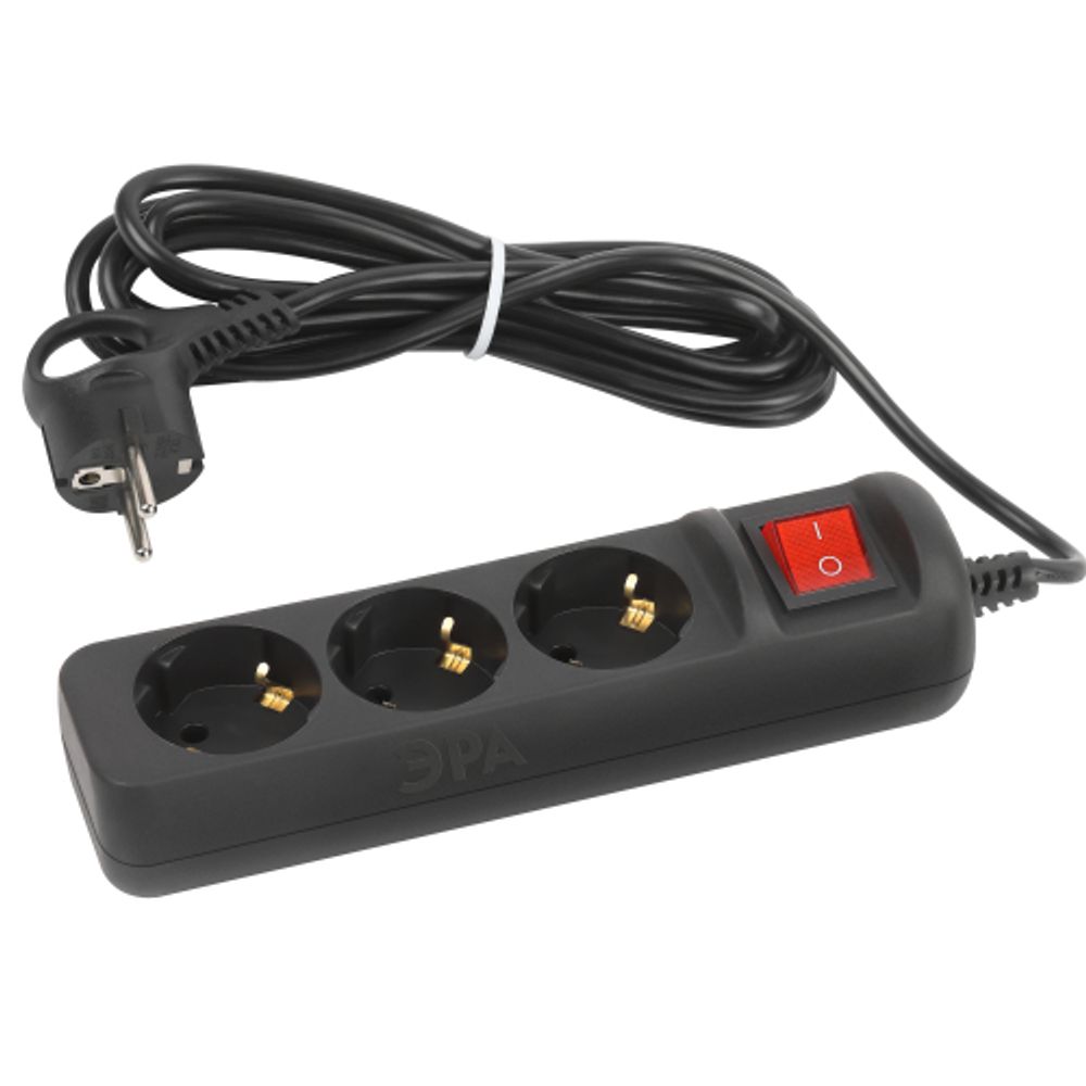 Удлинитель электрический ЭРА UX-3es-3m-B с заземлением с выключателем 3 розетки 3 м ПВС 3x0,75мм2 10А черный | Бытовые удлинители