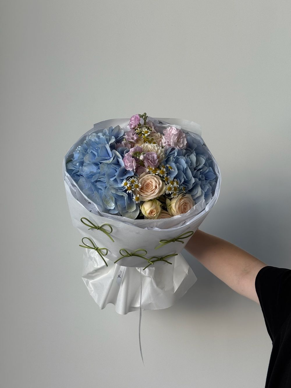 Букет из гортензии, кустовых пионовидных роз, маттиолы и ромашки