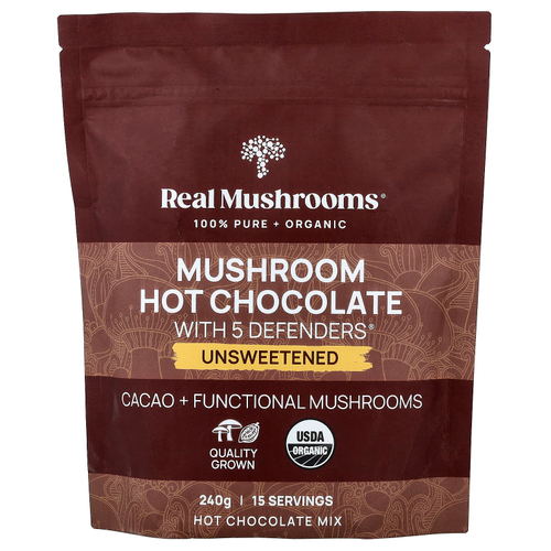 Real Mushrooms, горячий шоколад с грибами и 5 Defenders®, без сахара, 240 г