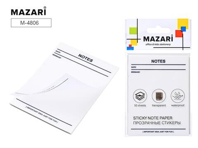 Блок для записи с липким слоем 50л. 7.6x10.1см. "Notes" пластик, прозрачный (Mazari)