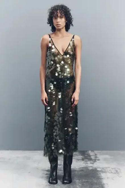 ZARA ПЛАТЬЕ МИДИ С ПАЙЕТКАМИ, ЦВЕТ МХА