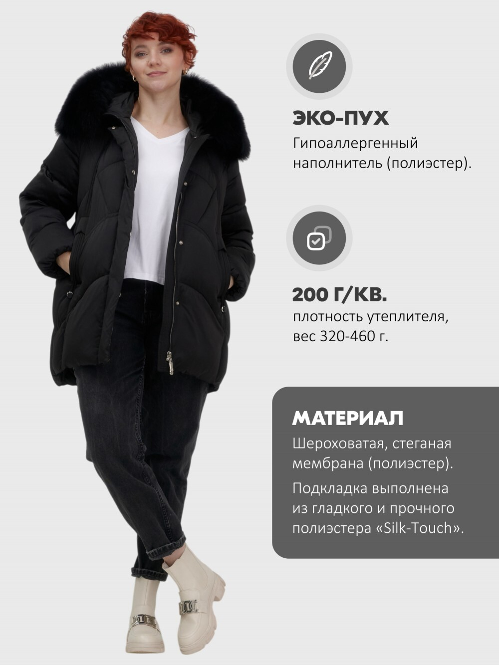 Куртка зимняя женская с мехом и капюшоном тренд черного цвета 7656Ch