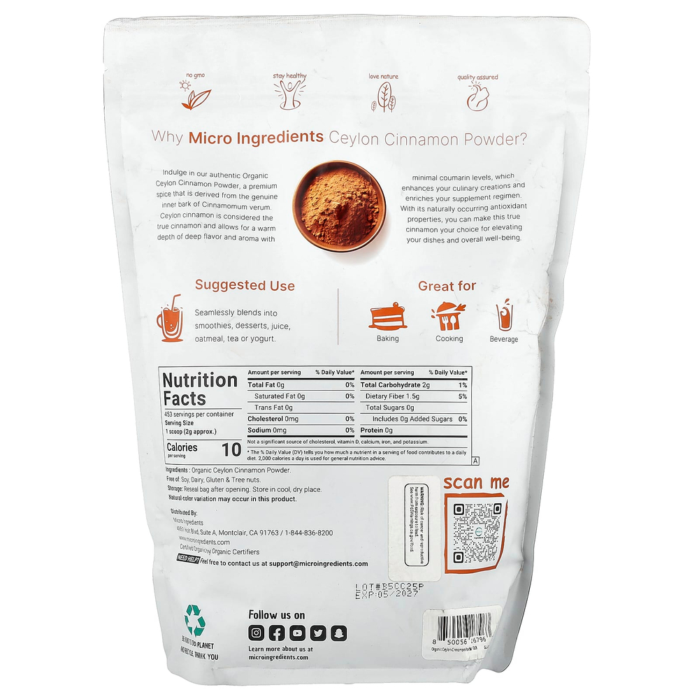 Micro Ingredients, Порошок органической цейлонской корицы, 907 г (2 фунта)