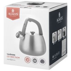 ЧАЙНИК AGNESS СО СВИСТКОМ 2,5Л, ТЕРМОАККУМУЛИРУЮЩЕЕ ДНО, 304 СТАЛЬ, ИНДУКЦИЯ
