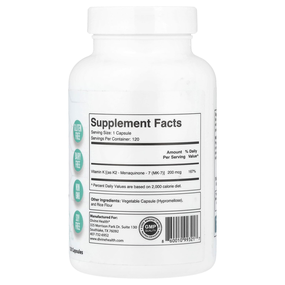 Divine Health, Дон Кольбер, доктор медицины Super K2, 120 капсул (200 мкг в капсуле)
