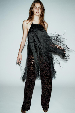 ZARA ТОП ХАЛТЕР ИЗ БАРХАТА С БАХРОМОЙ, ЧЕРНЫЙ