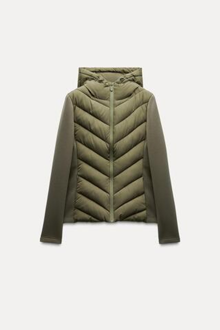 ZARA СТЕГАНАЯ КУРТКА С КОНТРАСТНЫМИ ДЕТАЛЯМИ, ХАКИ