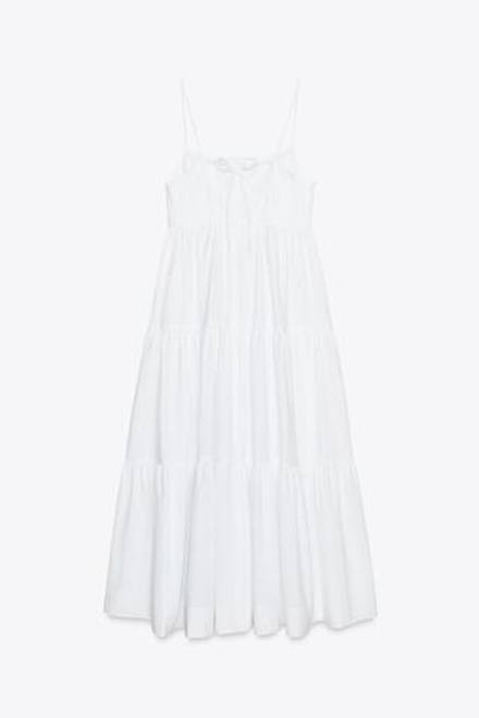 ZARA ЯРУСНОЕ ПЛАТЬЕ МИДИ ИЗ ПОПЛИНА, БЕЛЫЙ