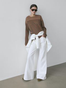 Massimo Dutti Футболка из смесового хлопка в полоску с длинными рукавами, светло-коричневый