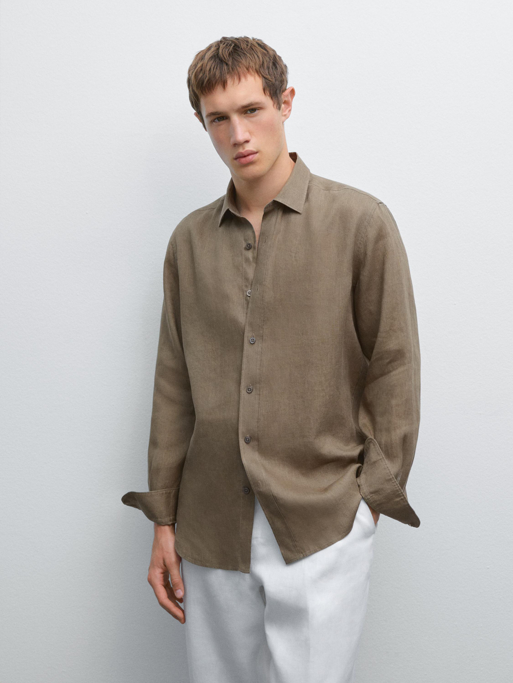 Massimo Dutti Рубашка приталенного кроя из 100% льна, хаки