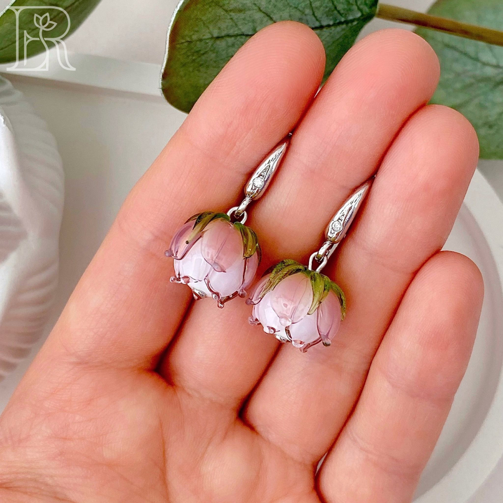 LEFIREL' Серьги серебряные женские "Пудра" с цветами из муранского стекла / ювелирные украшения из родированного серебра 925