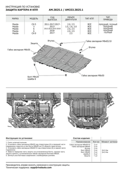 Защита картера и КПП AutoMax для Mazda 3 BM (V - 1.5; 1.6; 2.0) 2013-2018/Mazda 6 GJ (V - 2.0; 2.5) 2012-2018 2018-н.в./Mazda CX-5 (V - 2.0; 2.5) 2011-2017 2017-н.в./Mazda CX-9 II (V - 2.5) 2016-н.в., сталь 1.4 мм, с крепежом, штампованная, AM.3825.1