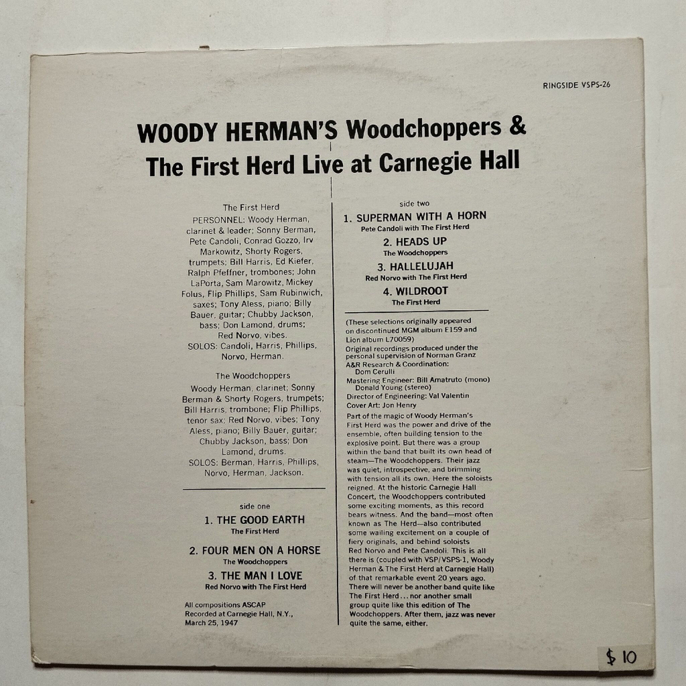 Винтажная виниловая пластинка LP Woody Herman's Woodchoppers and The First Herd Live At Carnegie Hall (USA 1966)