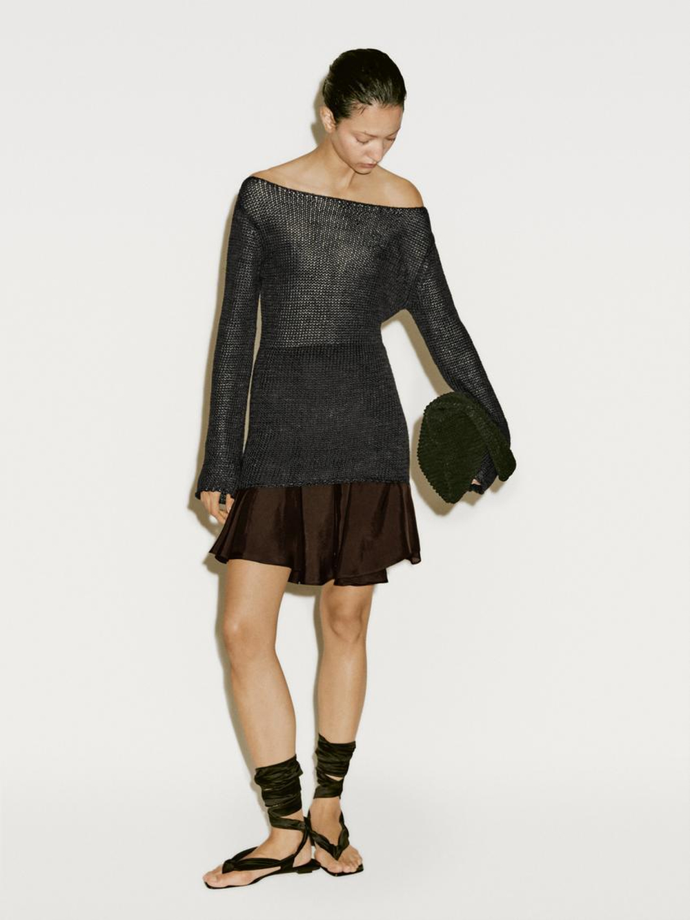 Massimo Dutti Короткая юбка с воланами и струящейся отделкой - Limited Edition, шоколадно-коричневый