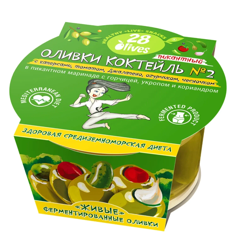 Оливки Коктейль №2 с каперсами, томатом, Джалапено и огурчиком 28Olives, 150 г, упаковка спереди