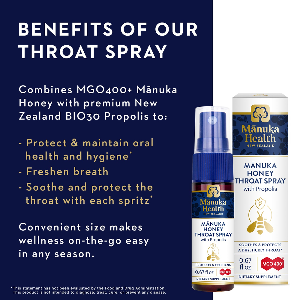 Manuka Health, Медовый спрей для горла Manuka с прополисом, MGO 400+, 0,67 жидк. унц.