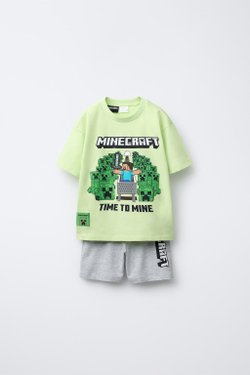 ZARA ПИЖАМА С ФУТБОЛКОЙ И ШОРТАМИ-БЕРМУДАМИ MINECRAFT © MOJANG AB. ™, НЕОНОВО-ЛАЙМОВЫЙ