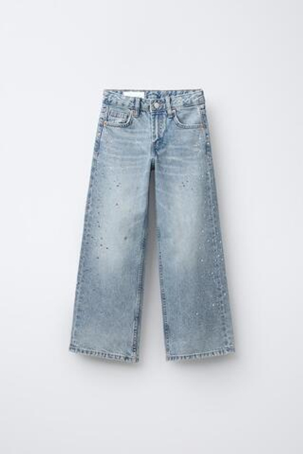 ZARA ДЖИНСЫ WIDE LEG СО СТРАЗАМИ, СИНИЙ