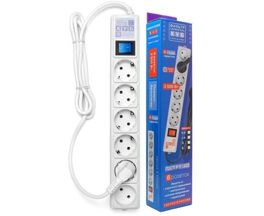 Power Cube (КУБ) сет. удл.-фильтр ПВС 3х1 6 роз. (5+1) 5 м 16А БЕЛЫЙ (РФ) SPG(5+1)-16B-5М