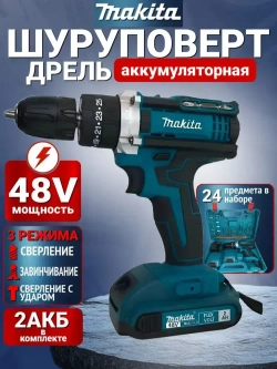 Дрель-шуруповерт 48v / Шуруповерт аккумуляторный 48 вт с набором 60 Нм, 2 АКБ Li-ion, 2.0 Ач, 2 скорости
