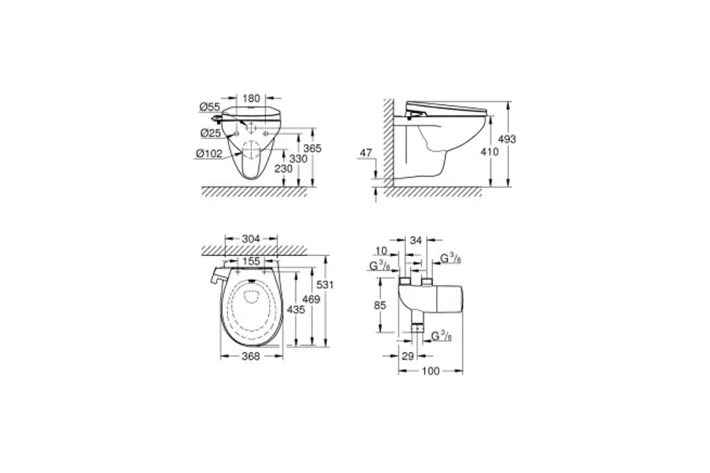 Унитаз GROHE Bau Ceramic подвесной, с сиденьем-биде и термостатом Grohtherm Micro, альпин-белый (39652SH0)