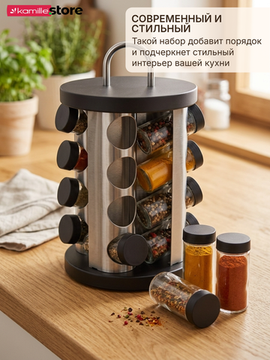 Набор ёмкостей для специй 16 шт. Kamille КМ-7043 на круглой подставке