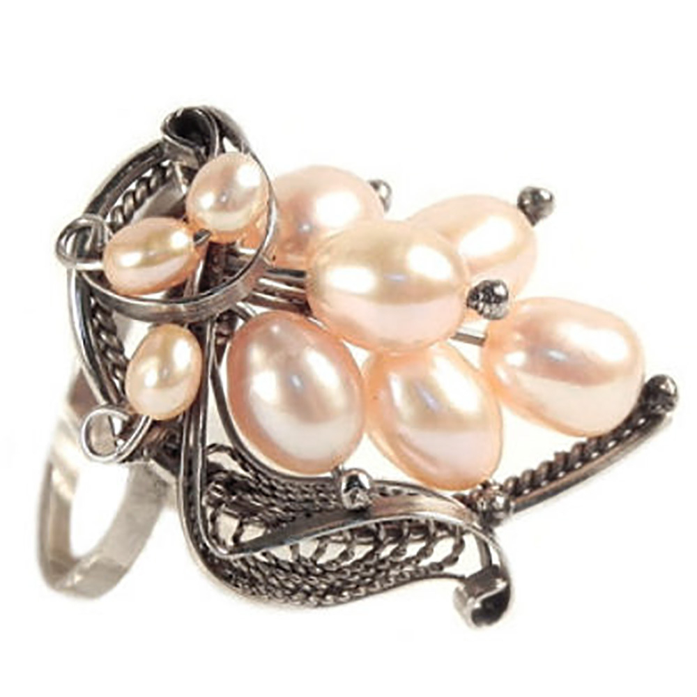 Кольцо "Гроздь" жемчуг кремовый, скань асс.