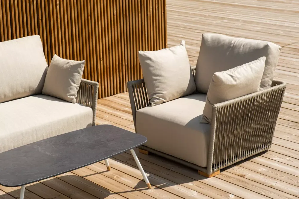 "Форли" лаунж-зона 4-местная плетеная из роупа (веревки), каркас алюминиевый светло-серый, роуп серо-коричневый