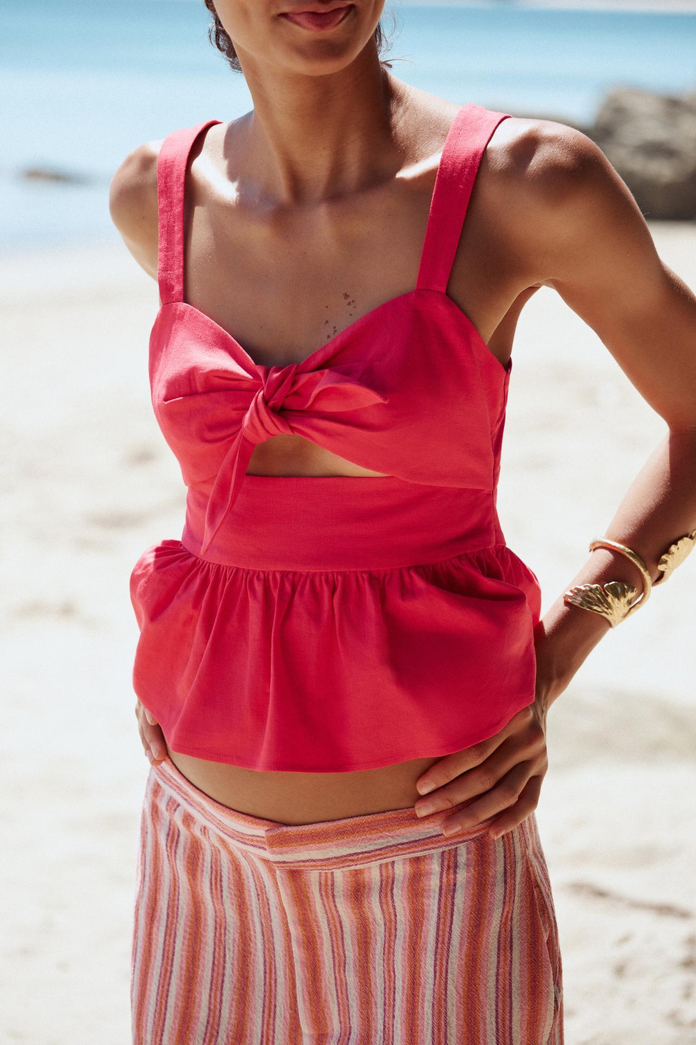 ZARA ТОП ИЗ СМЕСОВОГО ЛЬНА С БАСКОЙ И УЗЛОМ, МЯГКИЙ РОЗОВЫЙ