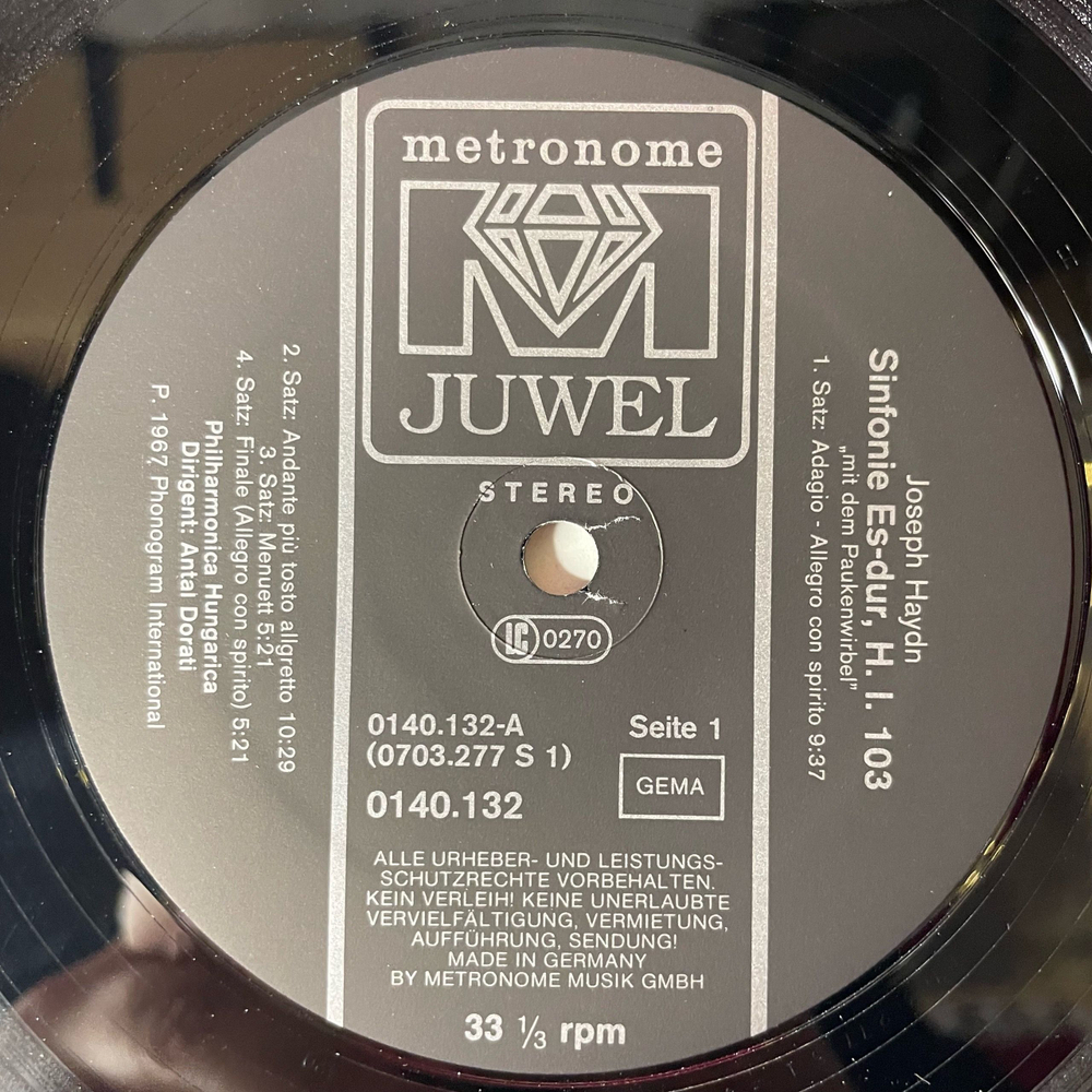 Винтажная виниловая пластинка LP Joseph Haydn Йозеф Гайдн, Antal Dorati, Симфония Sinfonie Nr.103 Es-dur Mit Dem Paukenwirbel (Германия 1977)